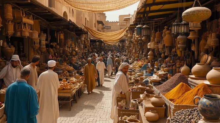 Colorful stalls in a Jeddah souk showcasing spices and traditional goods - (Credits StockCake)